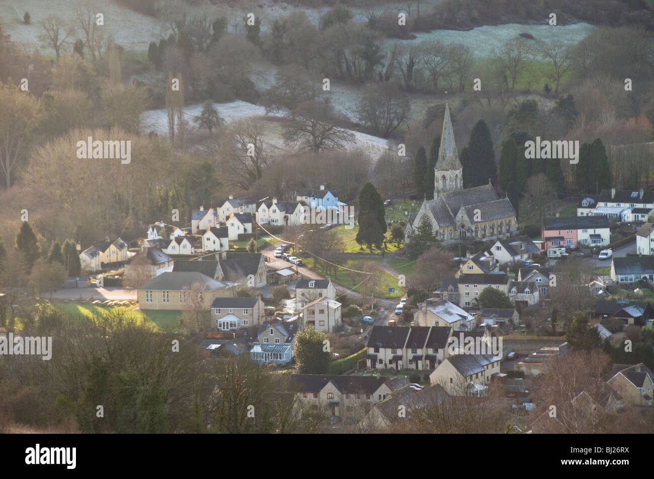 View of Woodchester and the church from hill top, near Stroud, Cotswolds, Gloucestershire, UK Stock Photo