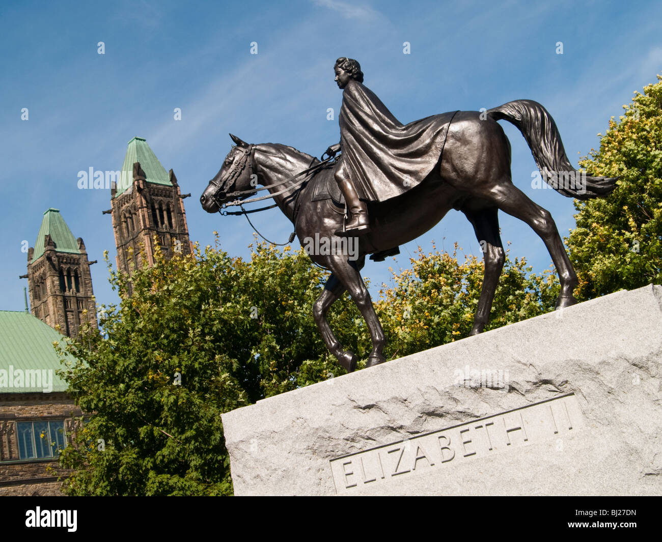 A statue of Queen Elizabeth II on Parliament Hill in Ottawa, Ontario