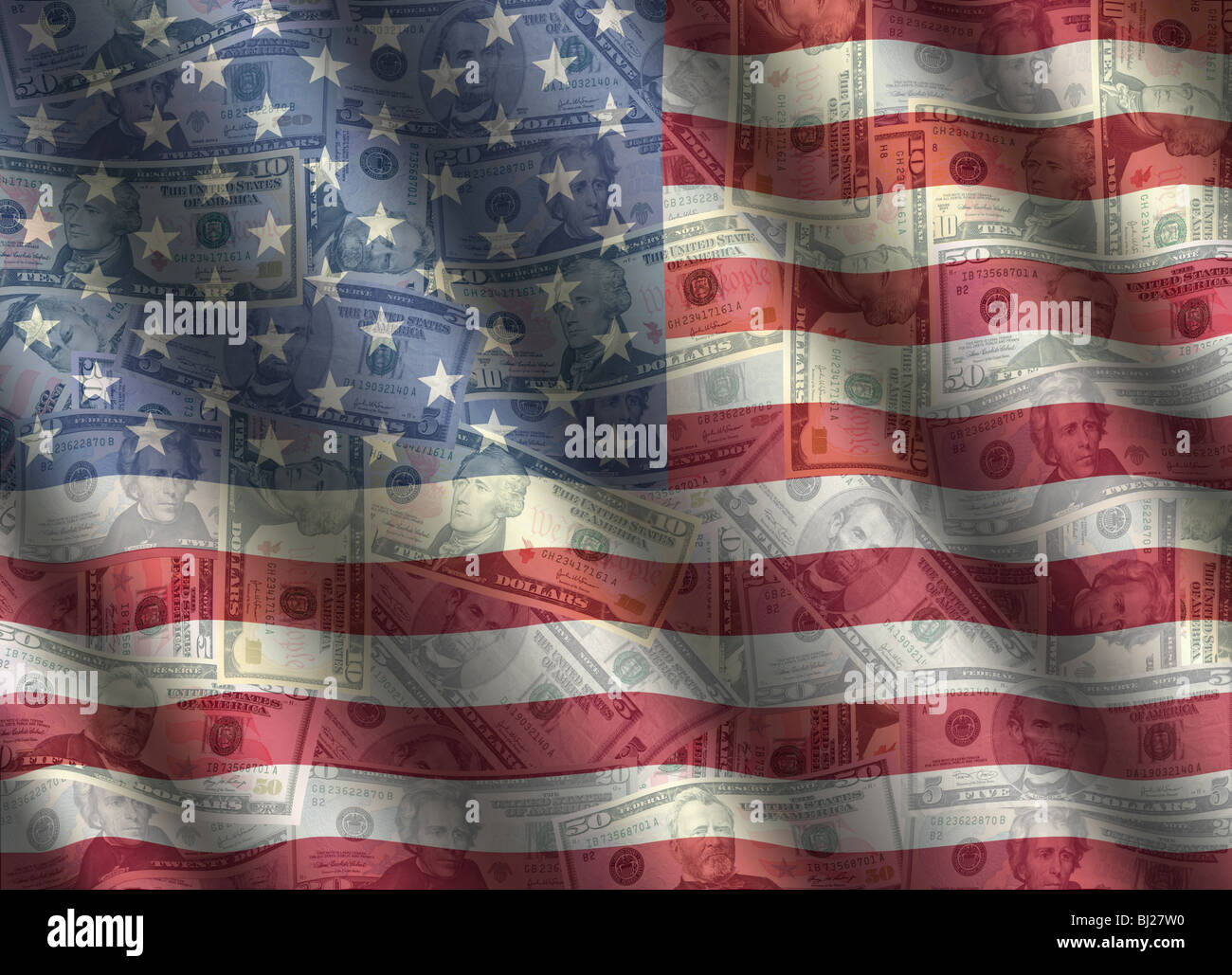 rippled American flag with dollars background illustration Stock Photo ...