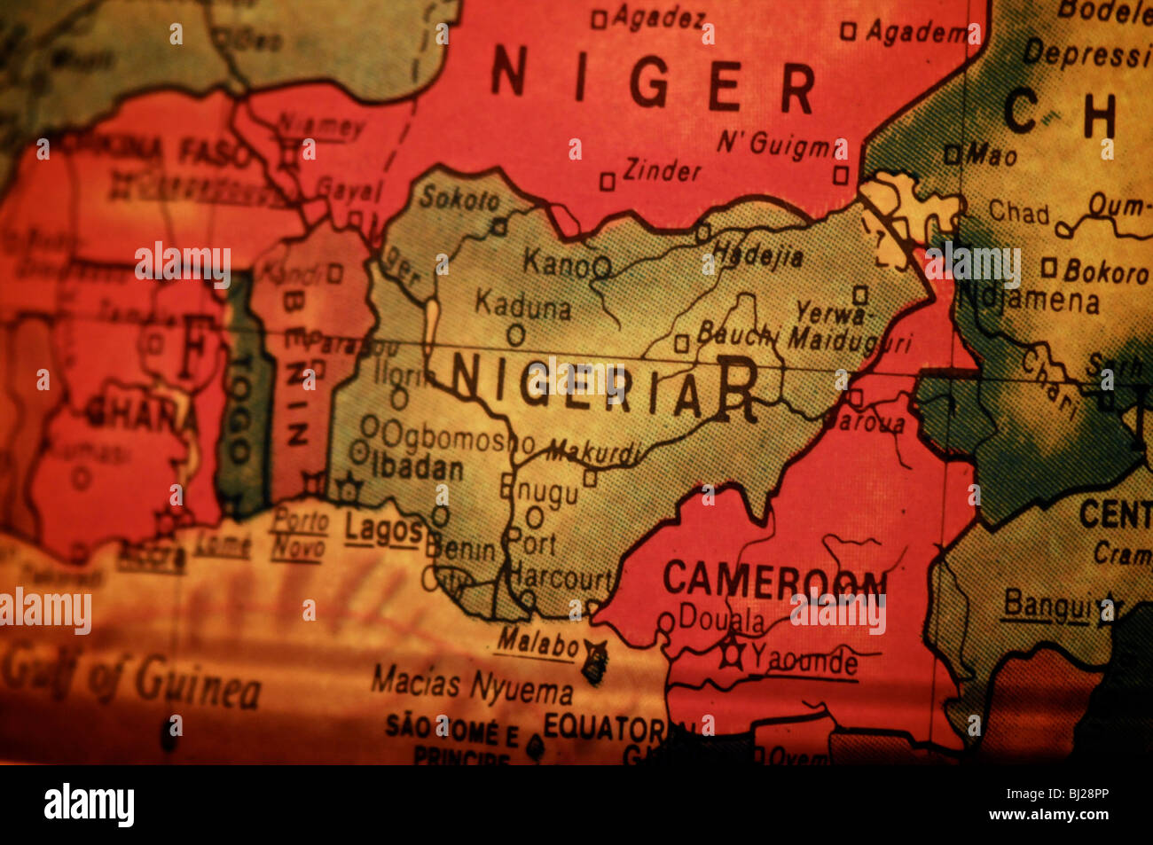 A detail photo of the world as depicted on an antique globe. Focusing on Nigeria. Stock Photo