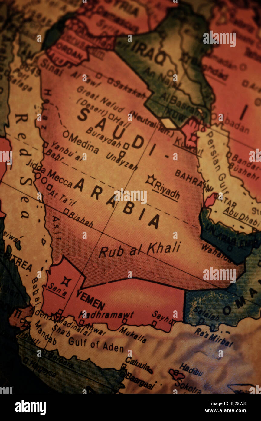 A detail photo of the world as depicted on an antique globe. Focusing on Saudi Arabia. Stock Photo