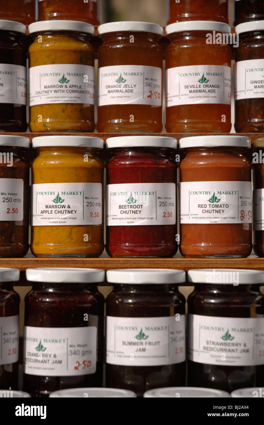 Jutneys and jams, local produce for sale at farmer's market
