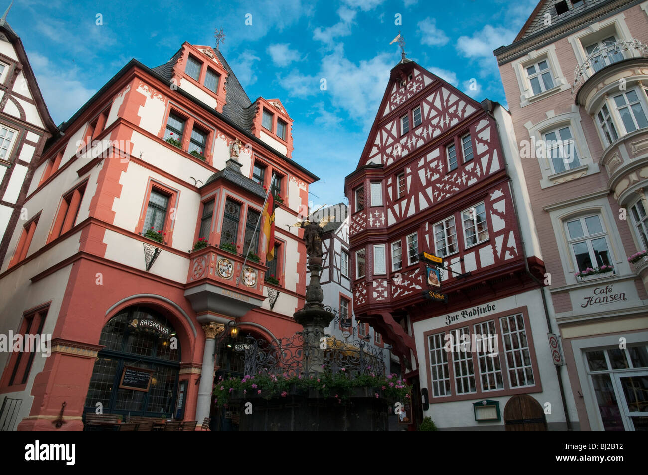 market square, foutain, old town, Bernkastel-Kues, Moselle, Eifel, Rhineland-Palatinate, Germany Stock Photo