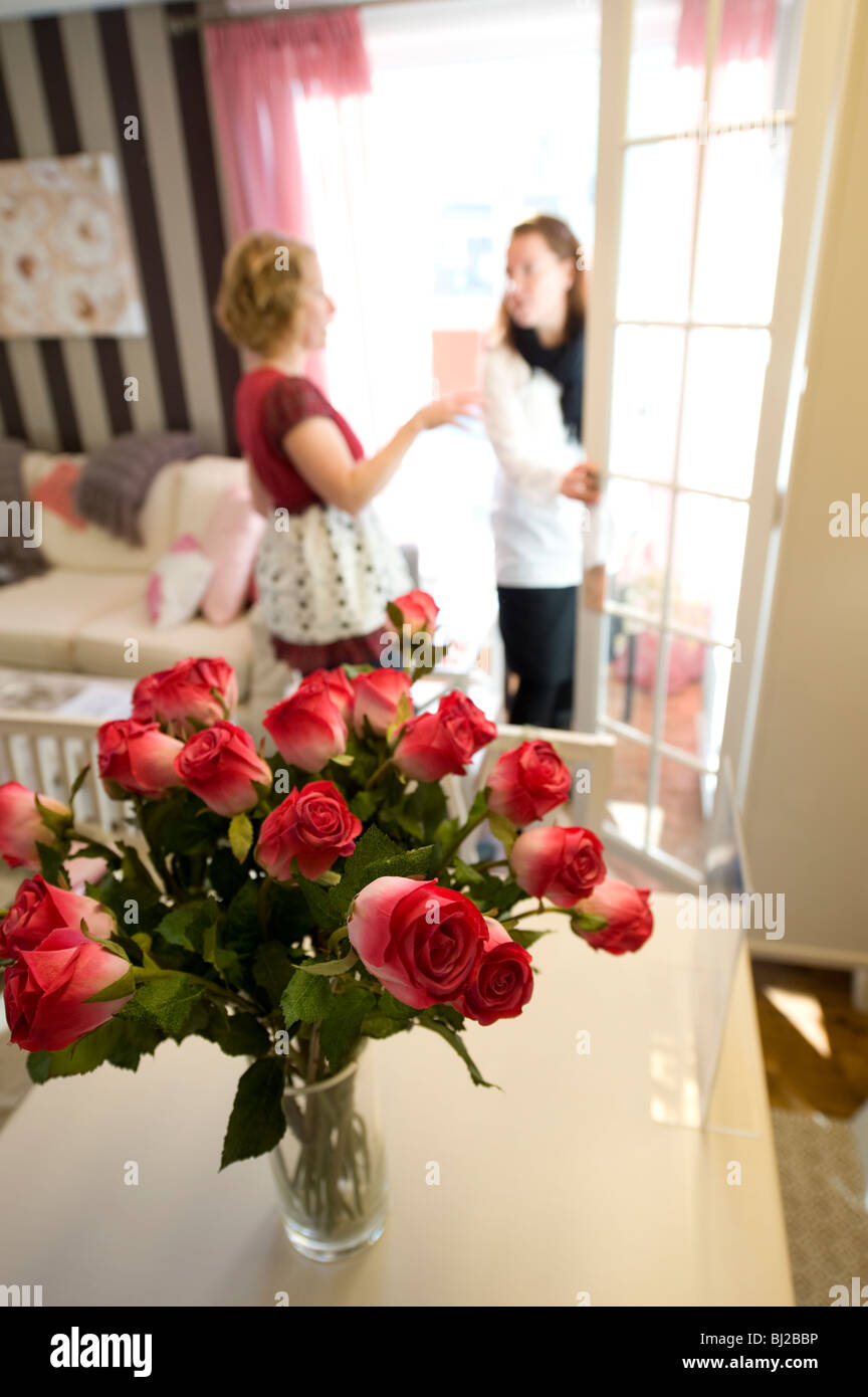 red roses an two sisters shoping Stock Photo
