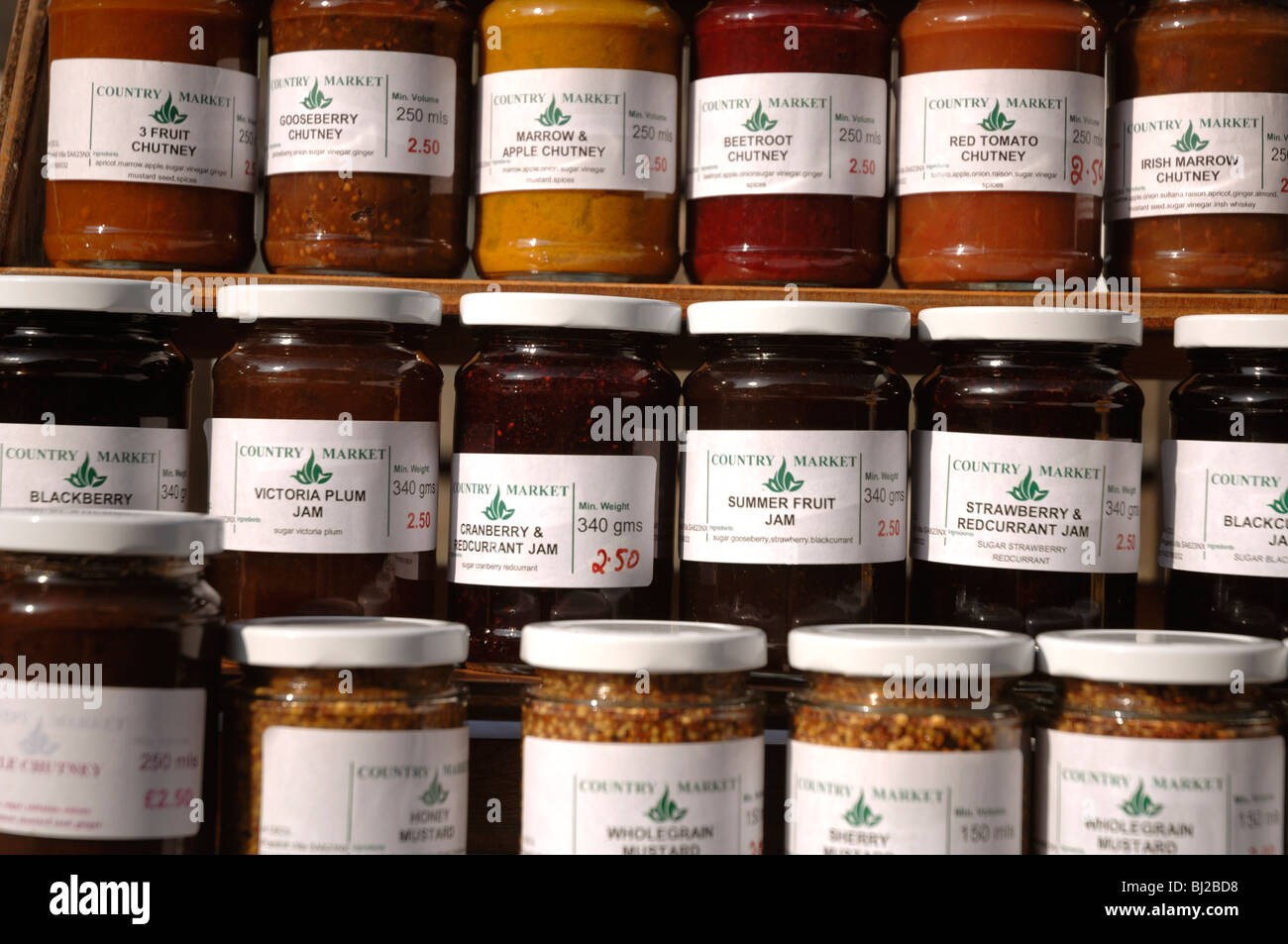 Jutneys and jams, local produce for sale at farmer's market