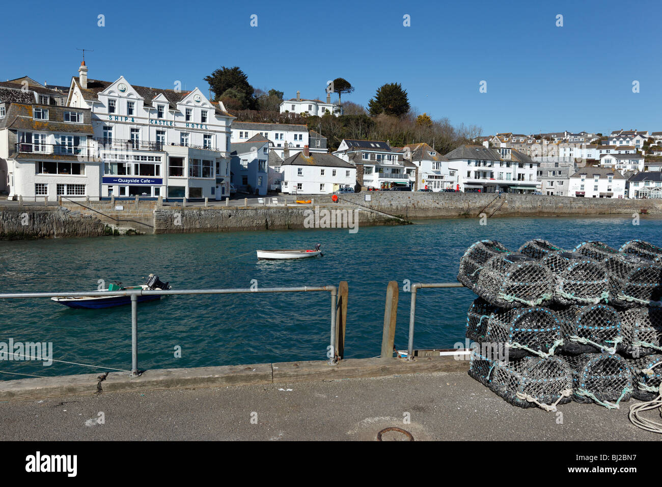 Lobster pots on the quay in St. Mawes, Cornwall UK. Stock Photo