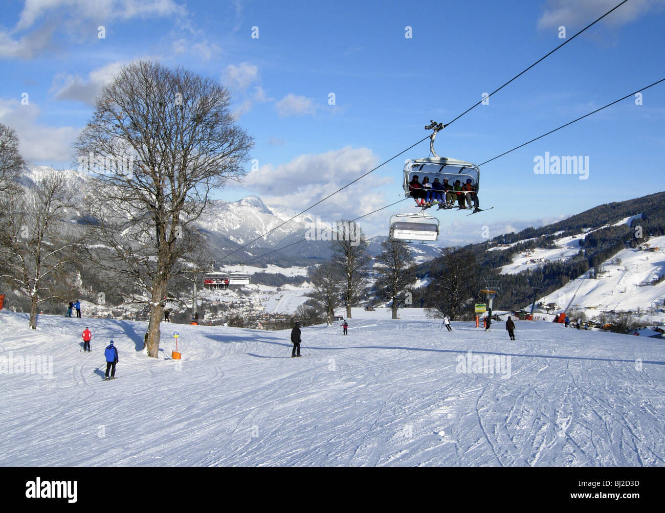 Ski lift across the plateau at Rohrmoos above Schladming Steirmark Stock Photo