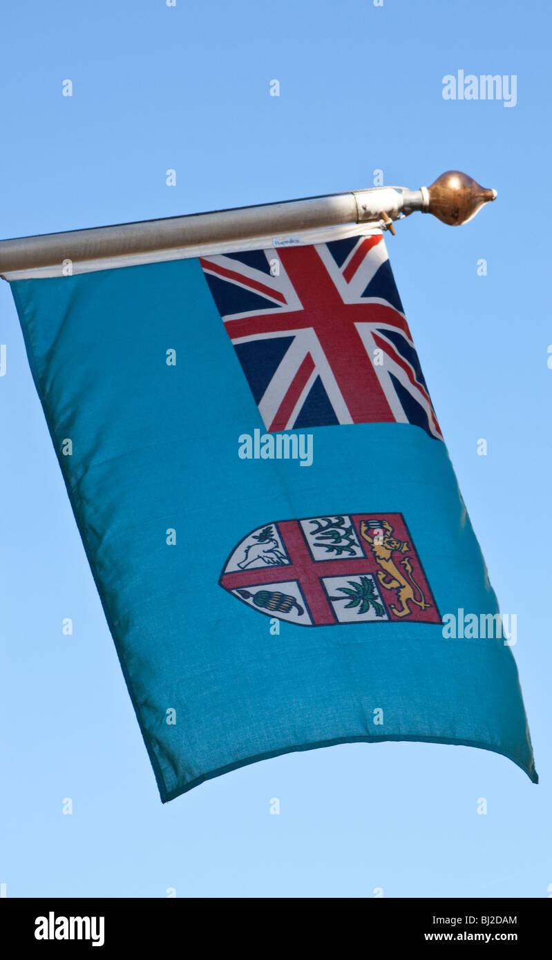 Fijian Flag outside the Office of the High Commission of Fiji in London Stock Photo