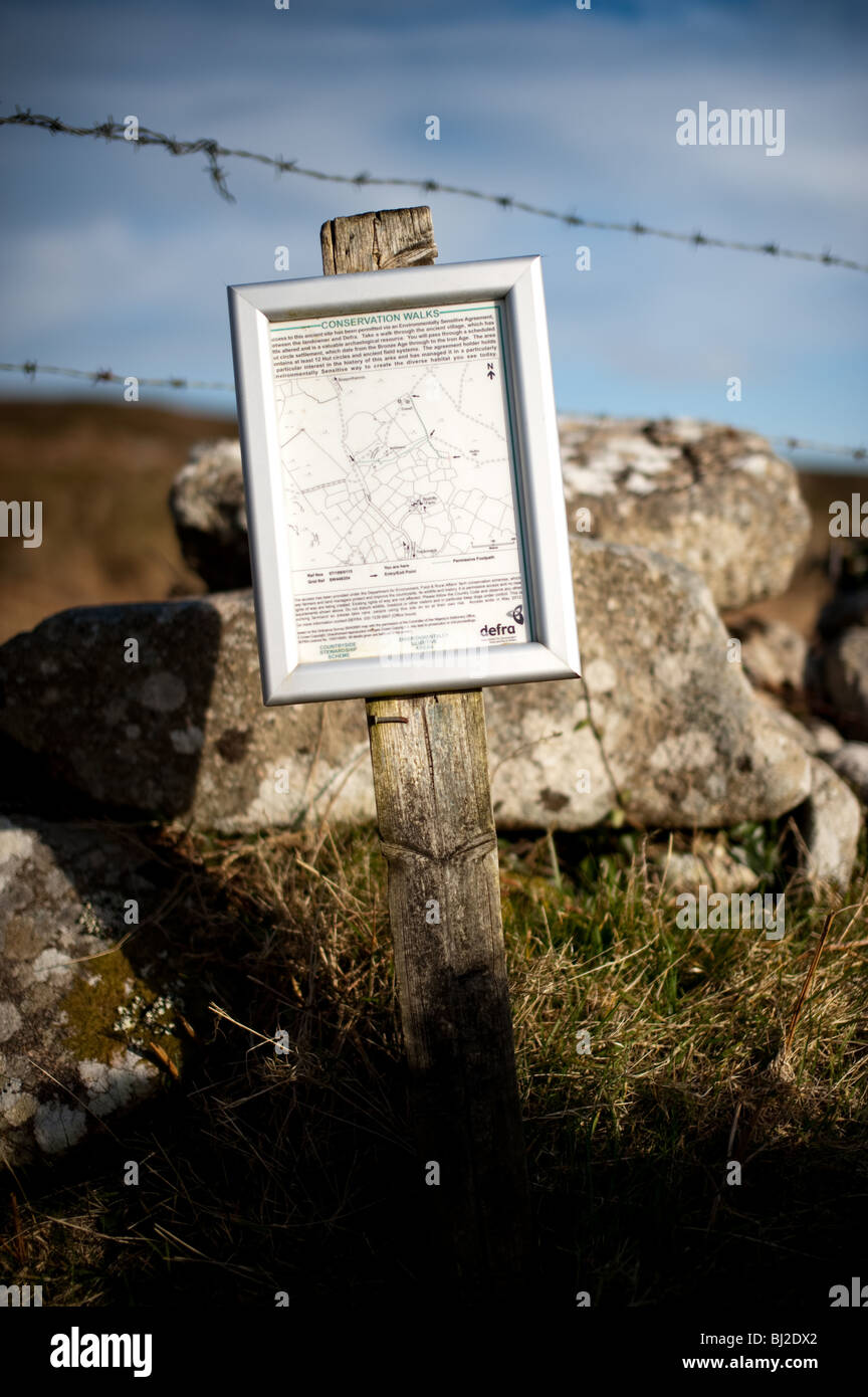 Defra sign in the Cornish countryside giving information about conservation walks Stock Photo