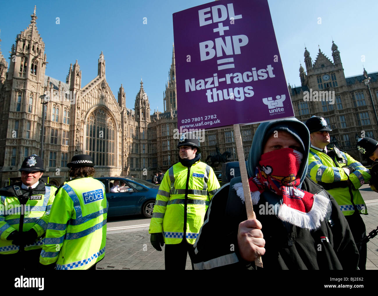 UAF (United Against Fascism)  Protest in Parliament Square against Islamophobic Dutch politician Geert Wilders visit to London. Stock Photo