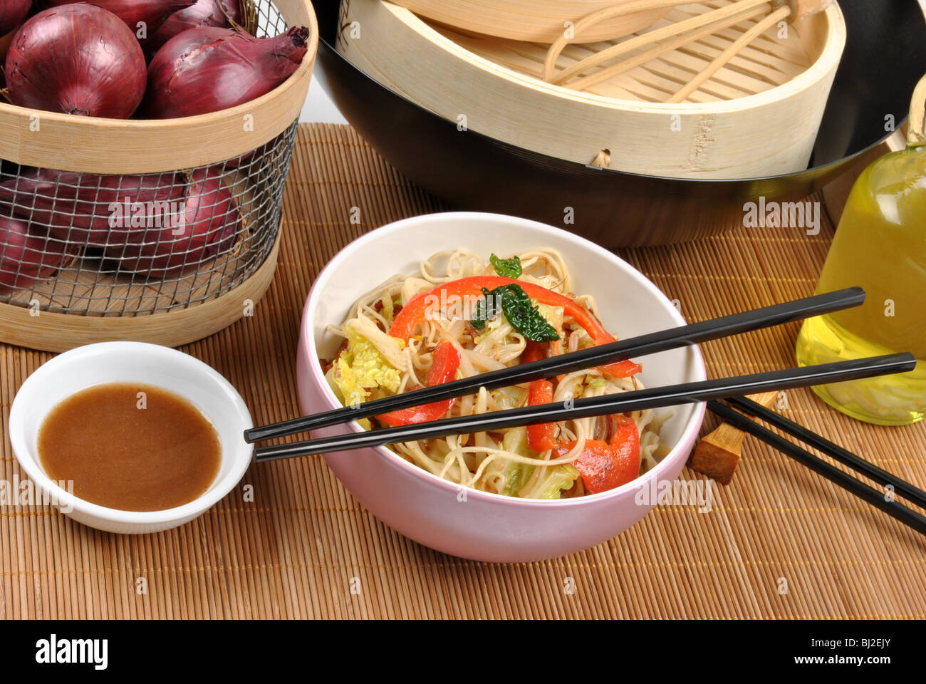 scrimp egg noodle with organic stir fry Stock Photo