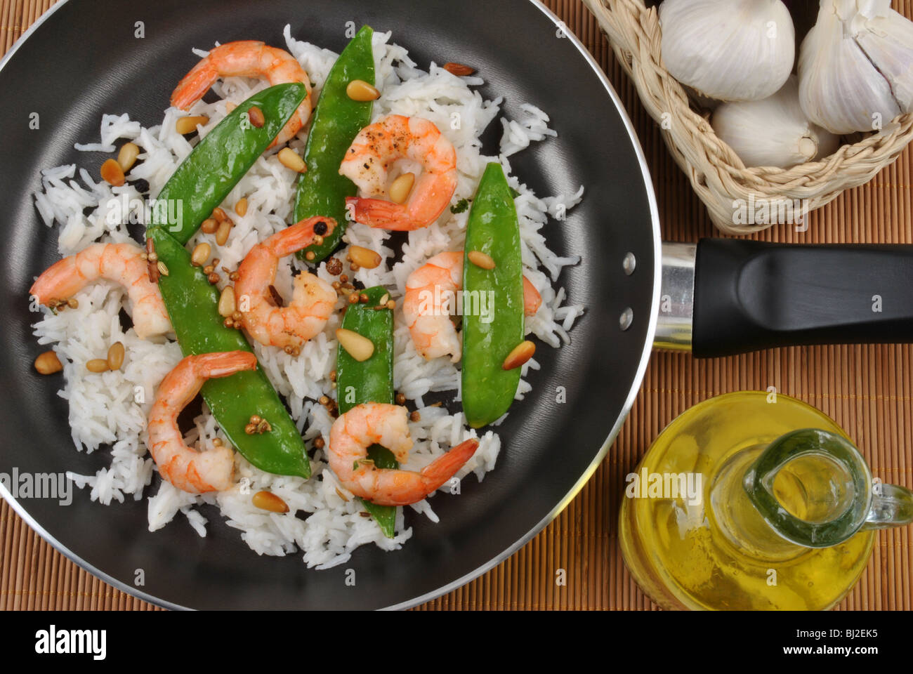 grilled shrimp with organic rice and vegetable Stock Photo