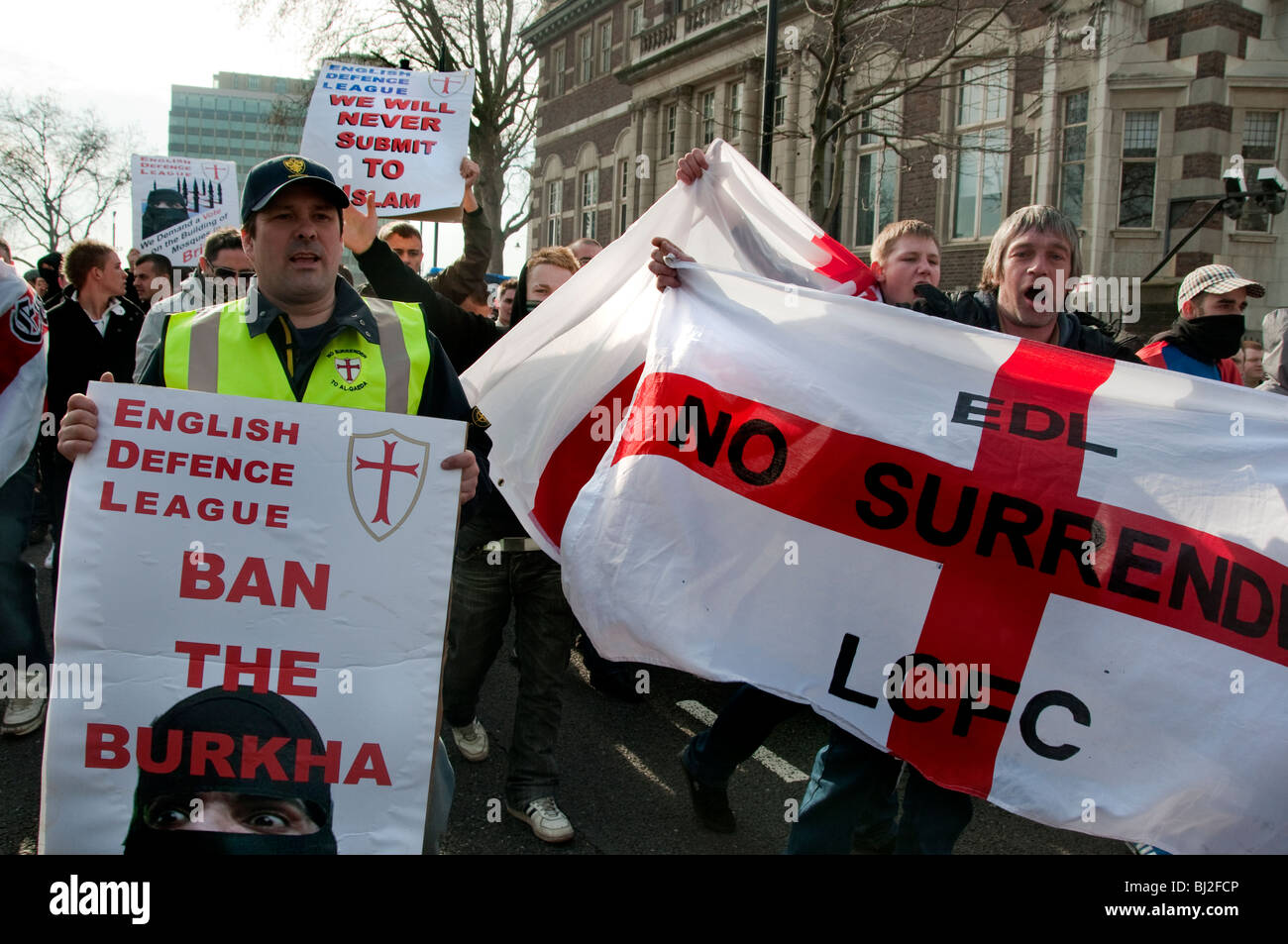 English Defence League ( EDL )  march in London in support of the far-right Dutch Islamophobic politician Geert Wilders. Stock Photo