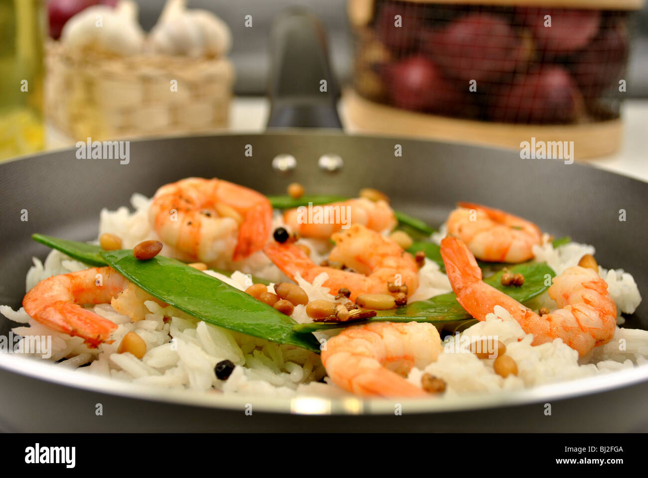 grilled shrimp with organic rice and vegetable Stock Photo