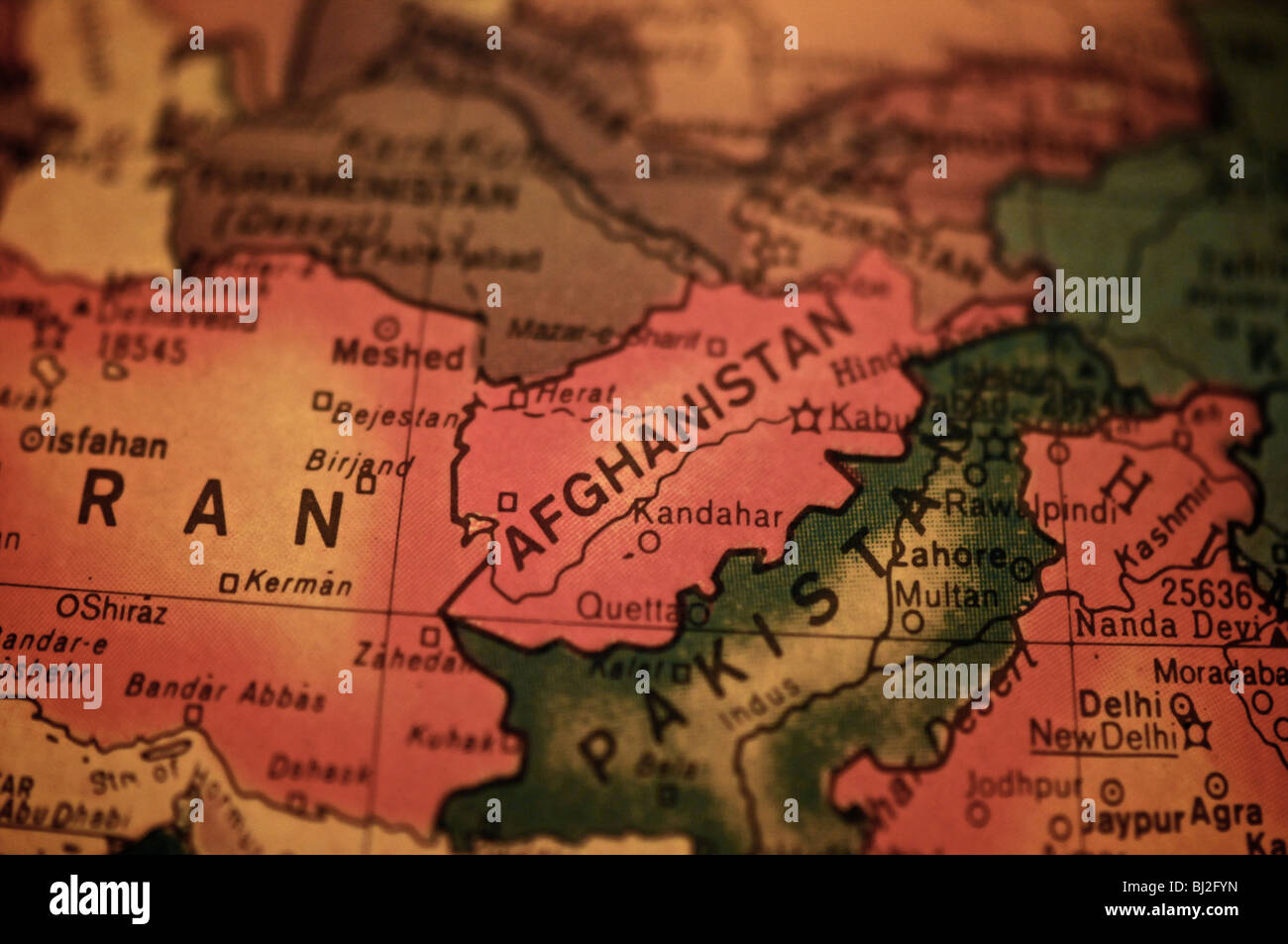A detail photo of the world as depicted on an antique globe. Focusing on Afghanistan. Stock Photo