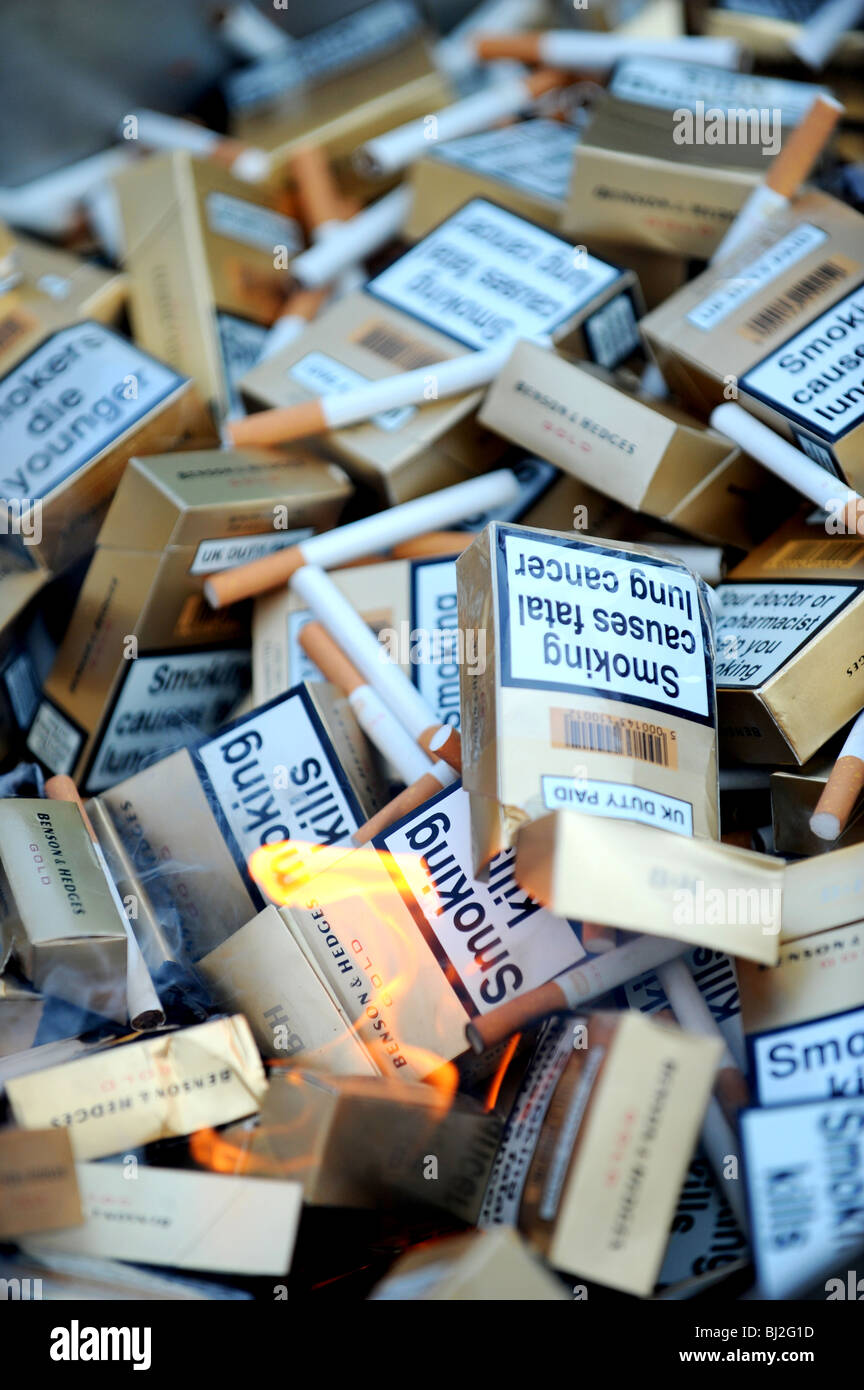 Thousands of counterfeit cigarettes seized in a raid by trading standards are destroyed Stock Photo
