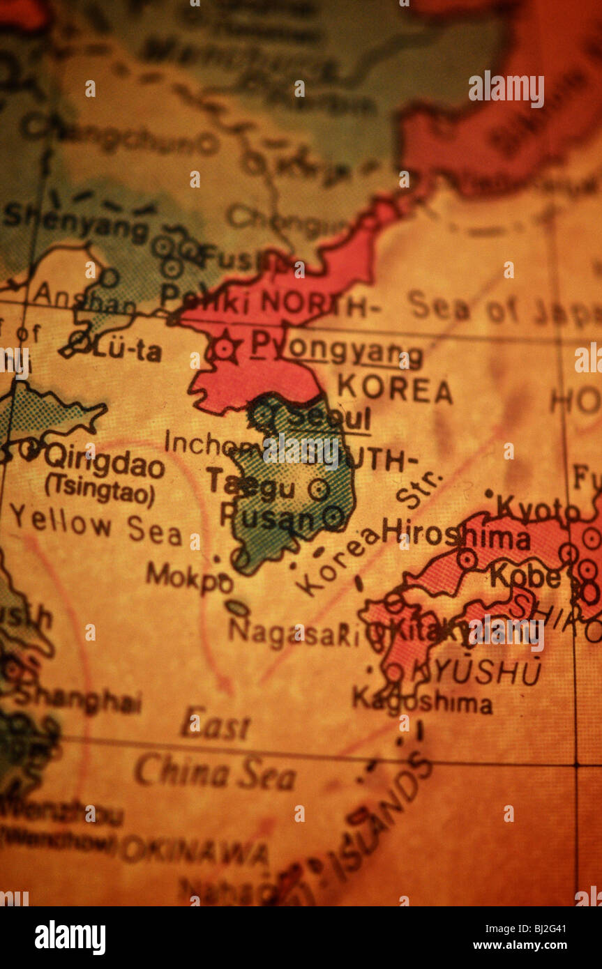 A detail photo of the world as depicted on an antique globe. Focusing on Korea. Stock Photo
