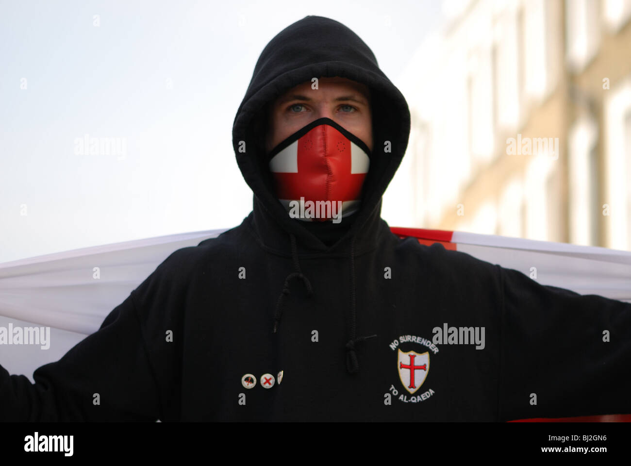 A protester looks on during an English Defence League rally in support of Geert Wilders visiting London. London 05/03/2010. Stock Photo