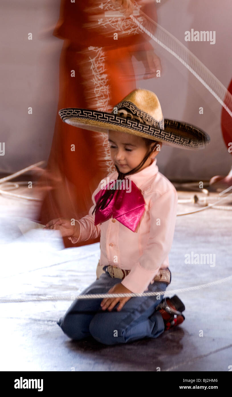 Young boy performs with rope at Casa Herradura, Amatitan, Mexico Stock Photo
