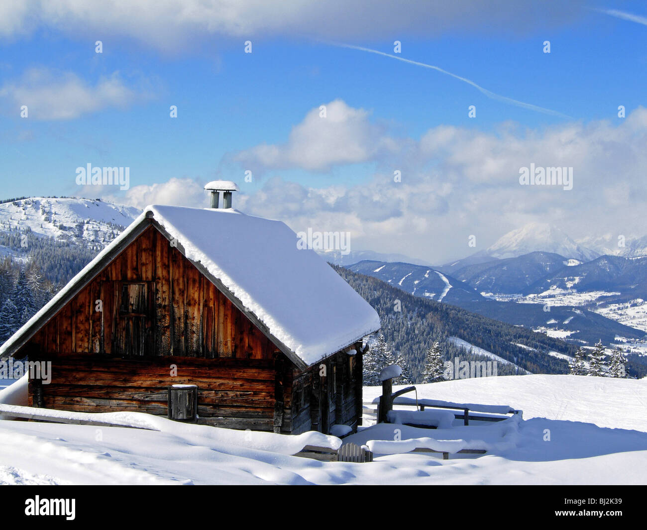 Old summer farmers chalet in the snow at Hauser Kaibling in Austria Stock Photo