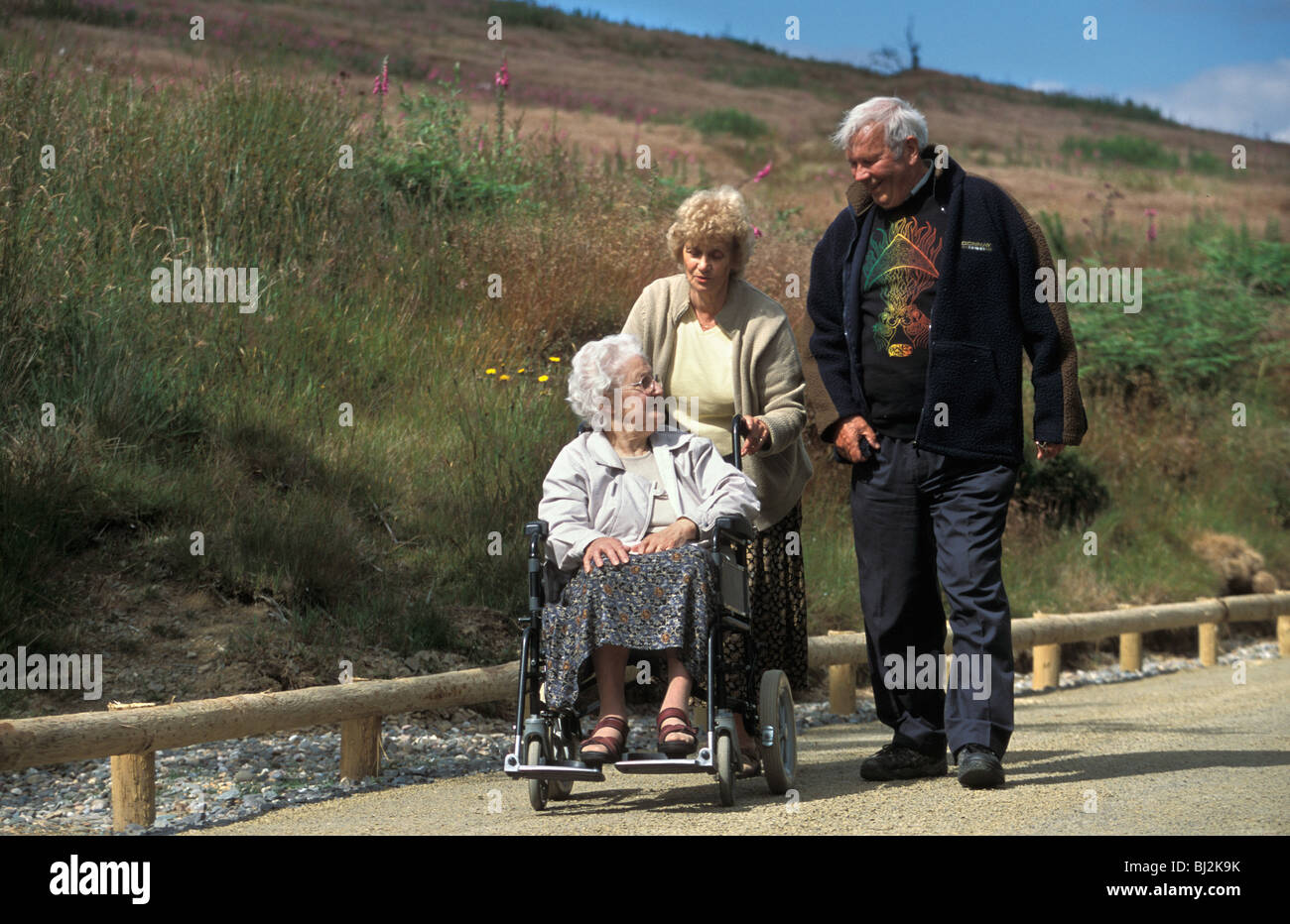 Wheelchair user and friends on  access path on The Stiperstones National Nature Reserve Shropshire England Stock Photo