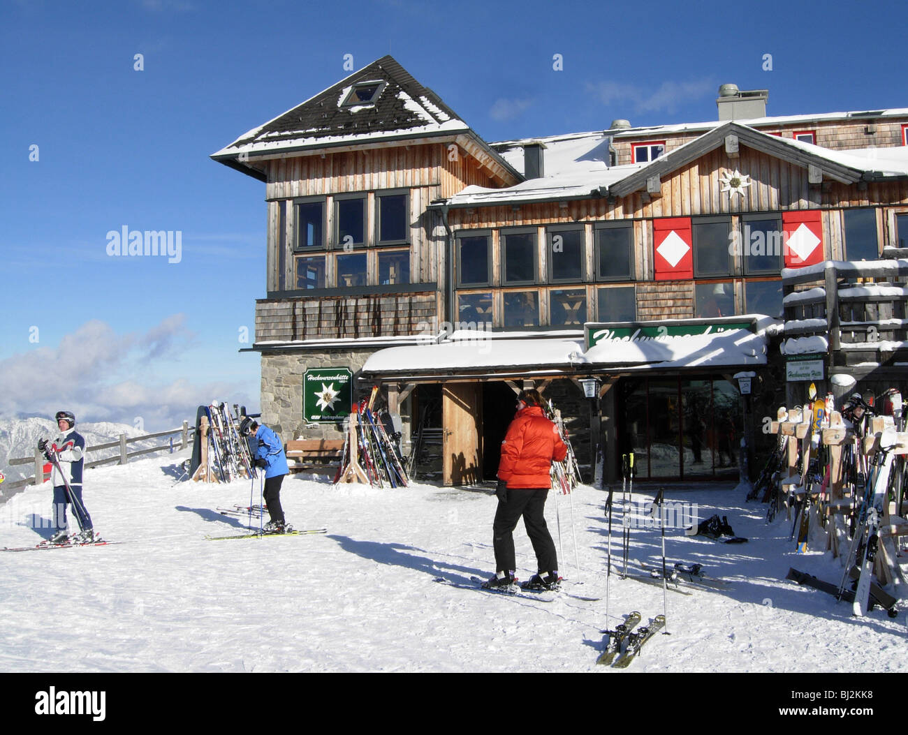 Hotel restaurant at the top of Hochwurzen ski resort above Pichl, near Schladming in Austria Stock Photo
