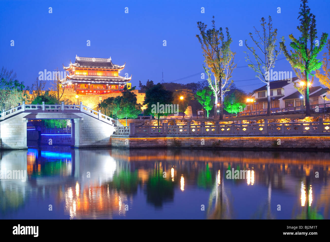 Illuminated Pagoda and canal at Suzhou, Jiangsu Province, China, Asia Stock Photo