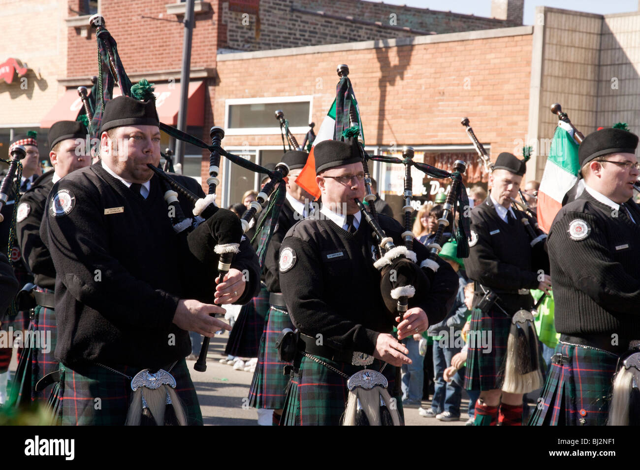 Band of Brothers Firefighter's pipe and drum corp. 2010 St. Patrick's Day Parade. Forest Park, Illinois. Stock Photo