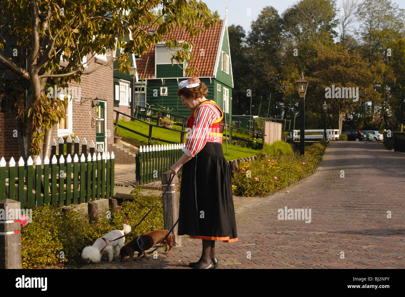 Woman walks her dog wearing traditional Clothes of Marken, a North Holland Village Stock Photo