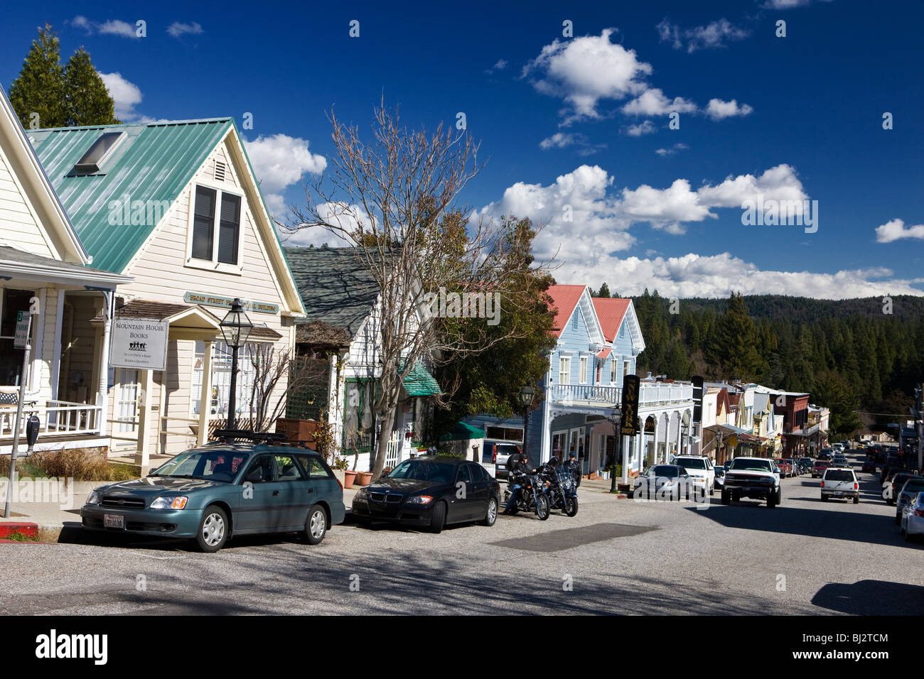 Street view of shops and stores along Broad Street, Nevada City