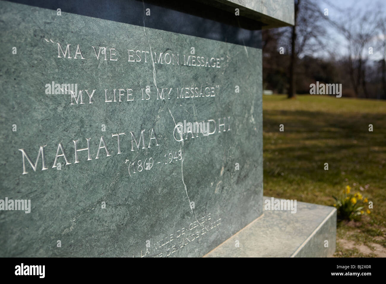 Inscription on a statue of Mahatma Ghandi at Ariana Park (Musee Ariana), Geneva, Switzerland Stock Photo