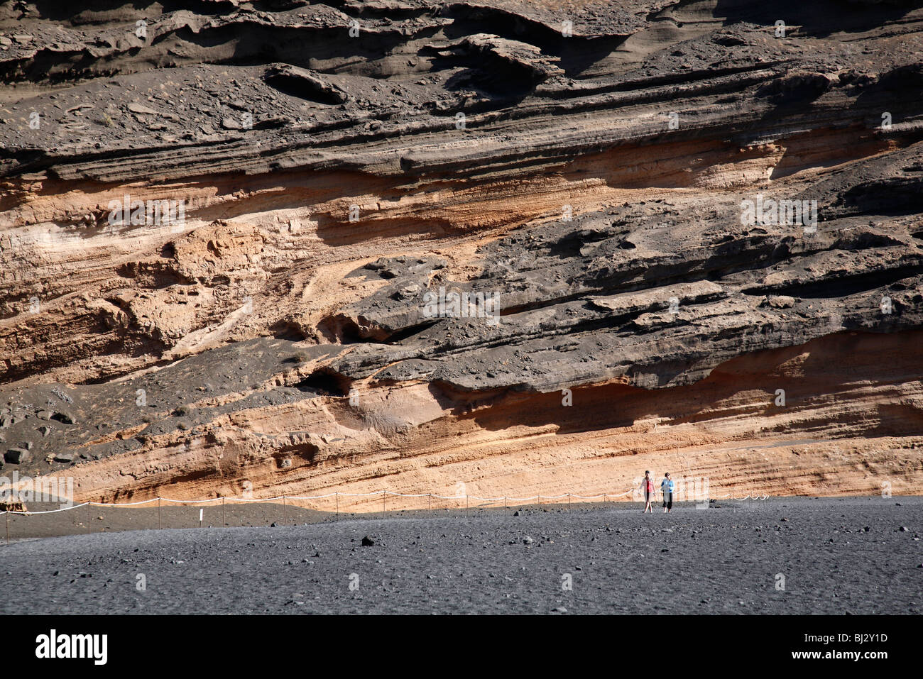 Tourists walking along rock face near Charco de los Clicos at El Golfo, Lanzarote, Canary Islands, Spain Stock Photo