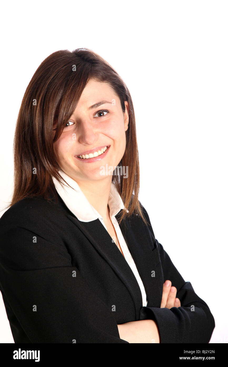 Young woman in business suit folds his arms and smiles Stock Photo Alamy
