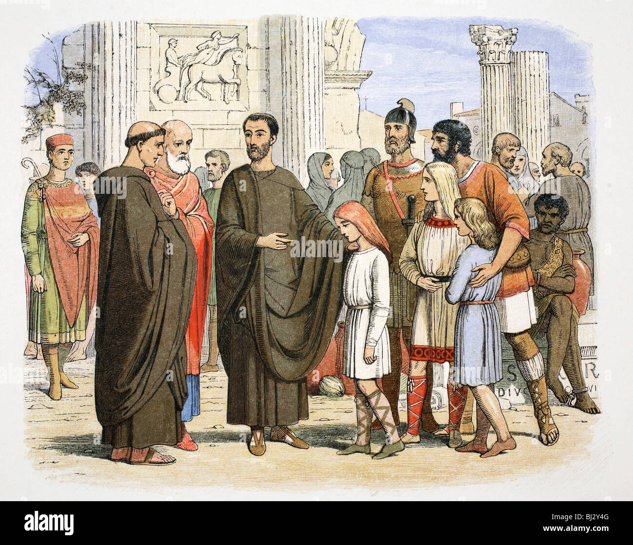 St Gregory the Great and the English slaves at Rome, 590 (1864).  Artist: James William Edmund Doyle Stock Photo