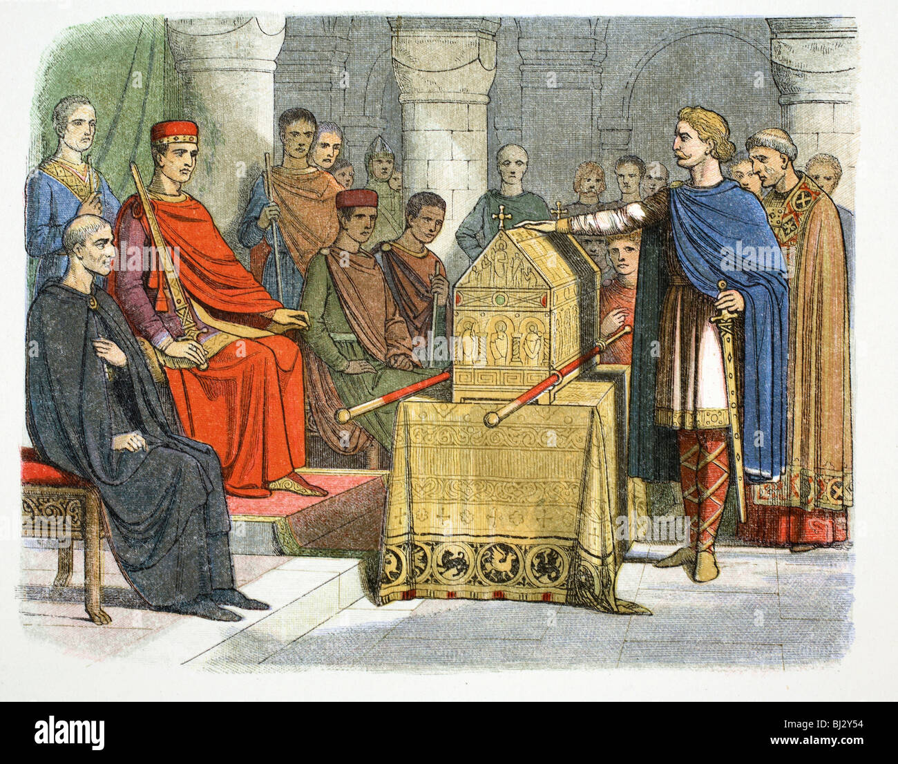 Harold II swears fidelity to Duke William of Normandy, 1064 (1864). Artist: James William Edmund Doyle Stock Photo