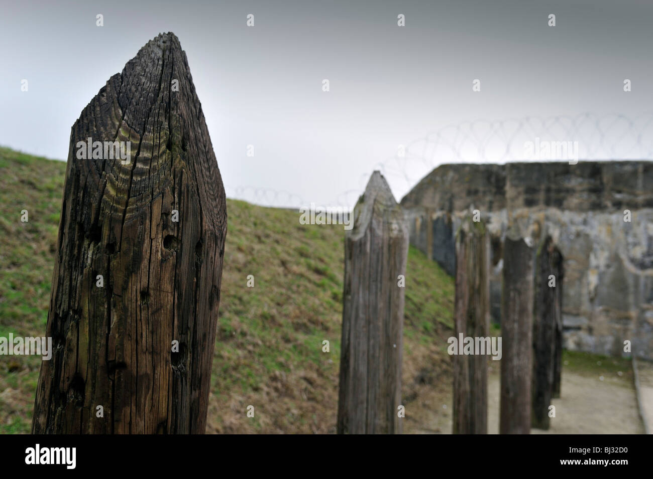 Wooden poles for execution of political prisoners at Fort Breendonk, Second World War Two concentration camp in Belgium Stock Photo