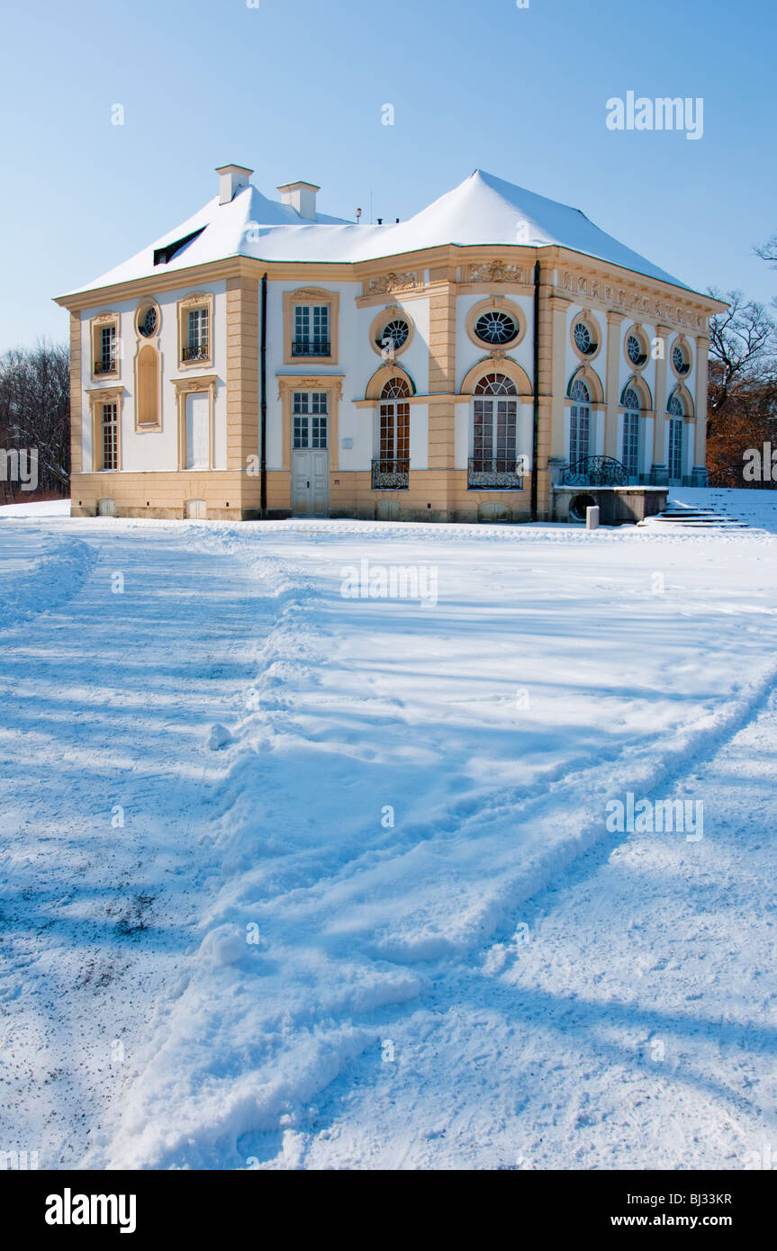 Badenburg, royal bathing house on the Nymphenburg palace grounds, seen in Winter Stock Photo