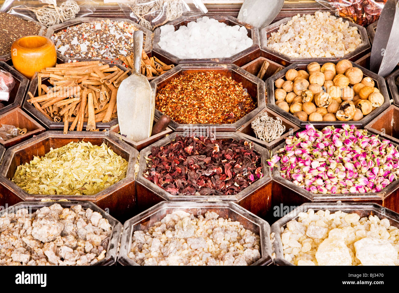 Arabian spices on display in a shop in the spice souk in Deira, Dubai