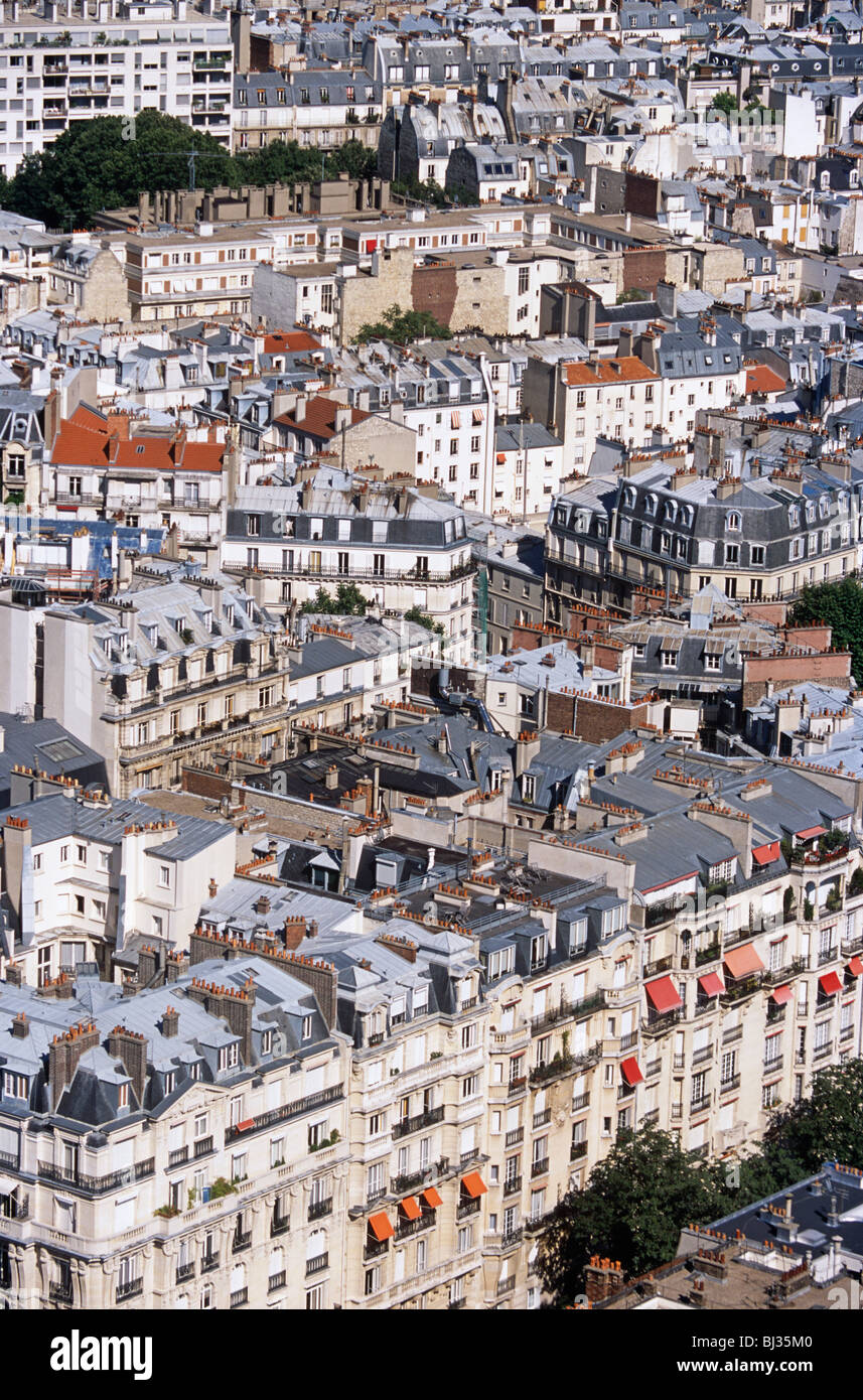 From mid-level of the Eiffel Tower, we look down on lead rooftops and housing in the 15th Arrondissement of the French capital. Stock Photo