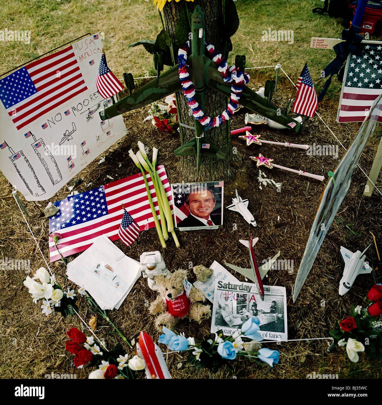 Childrens' memorial of American icons, to those killed and missing after the 9/11 terrorist attacks. Stock Photo