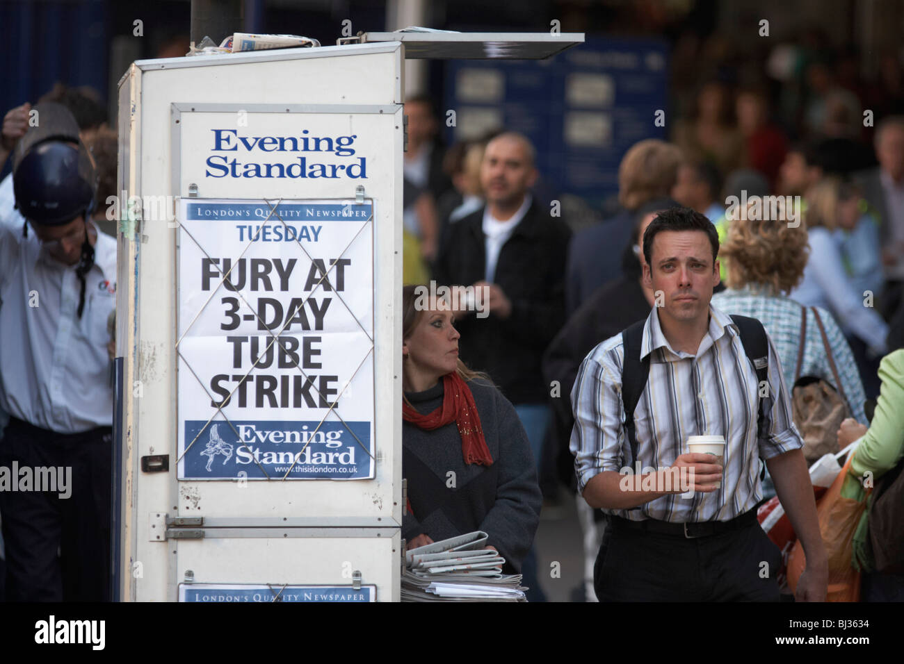 An Evening Standard newspaper headline announces the fury of London commuters' at a 3-day underground tube strike. Stock Photo