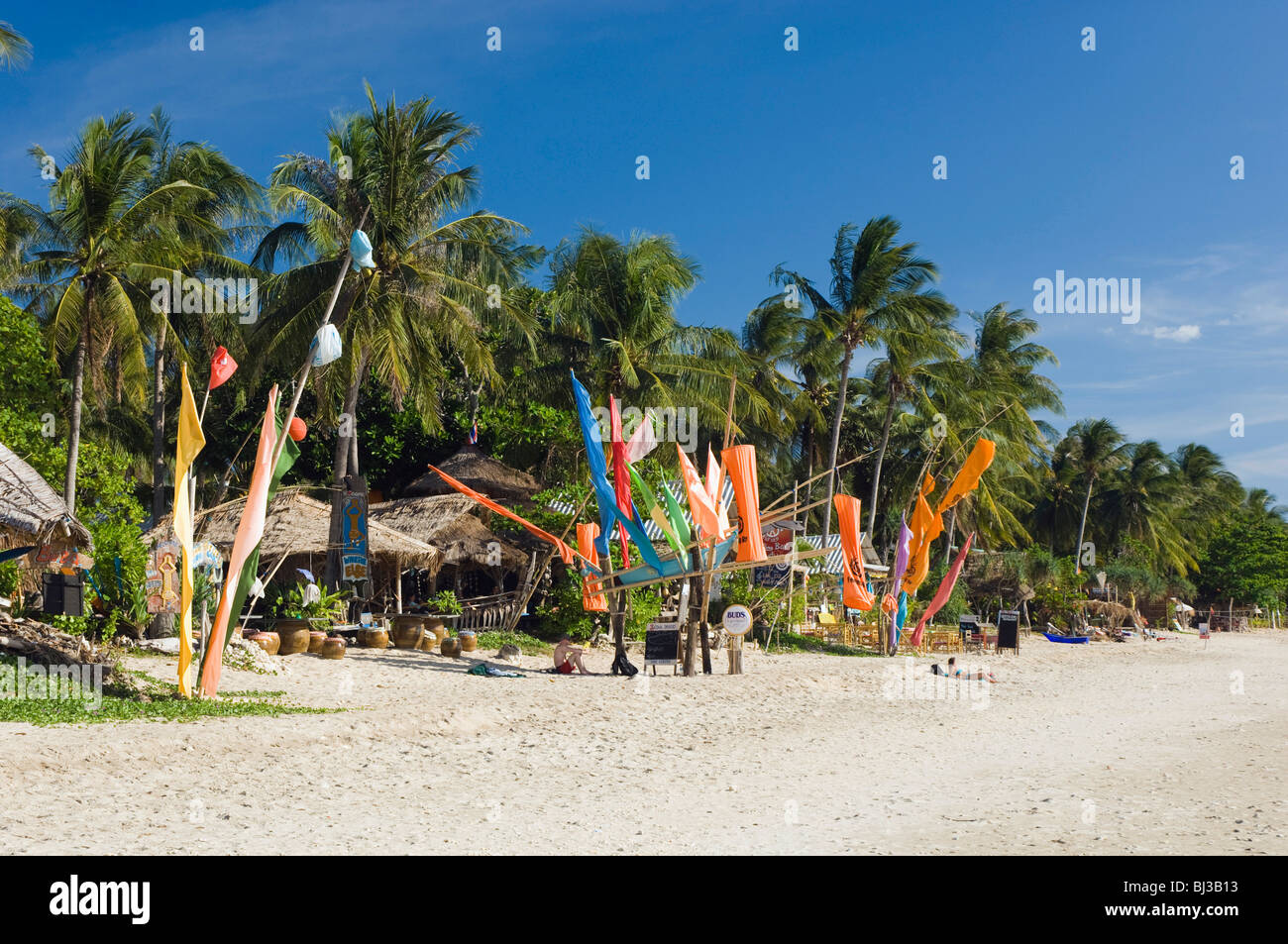 Colorful flags on the palm beach, Where Else Resort, Klong Khong Beach, Ko Lanta or Koh Lanta island, Krabi, Thailand, Asia Stock Photo