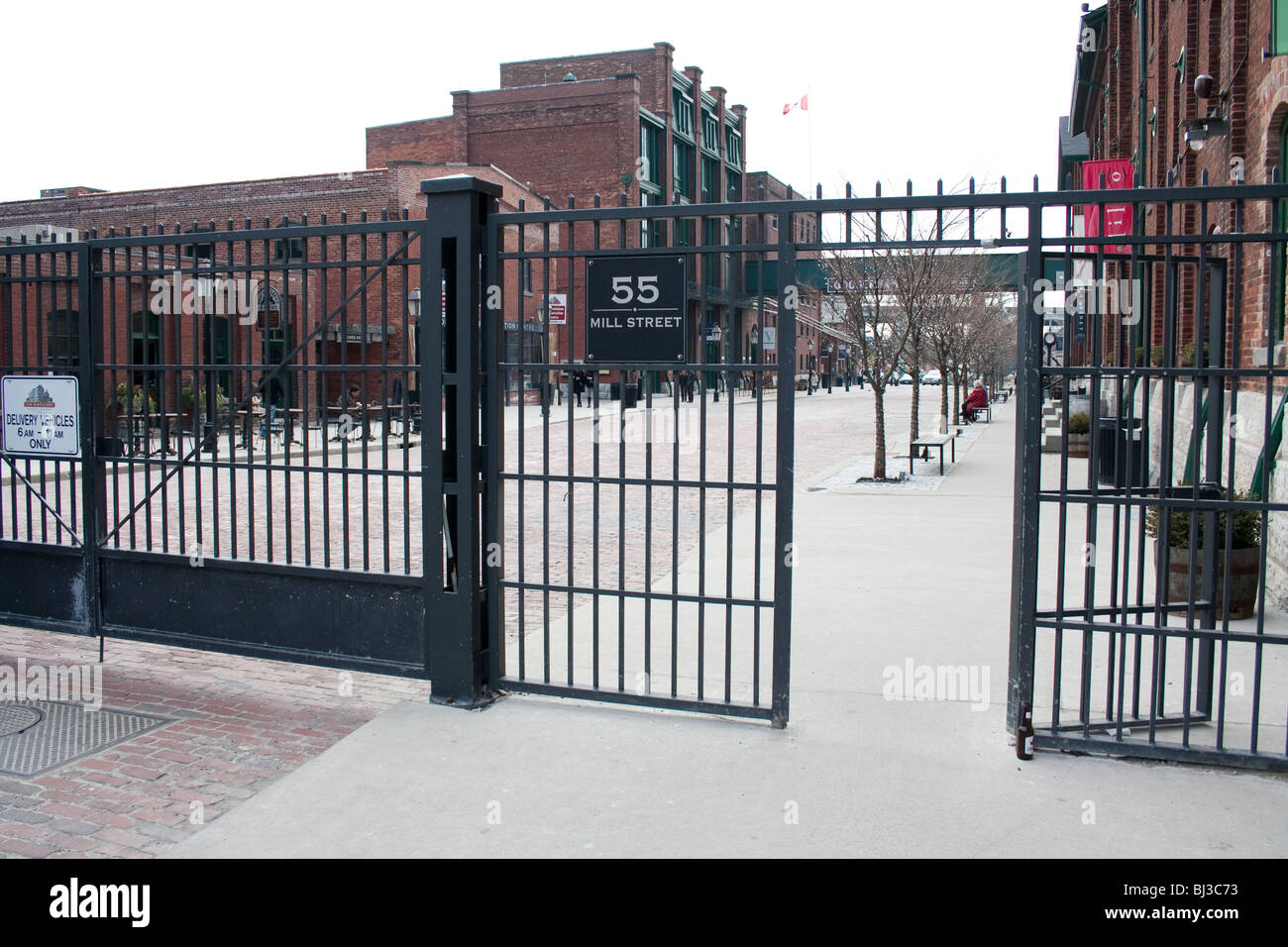 Gated entrance to 55 Mill Street, the home of the distillery district in Toronto, Ontario Canada Stock Photo