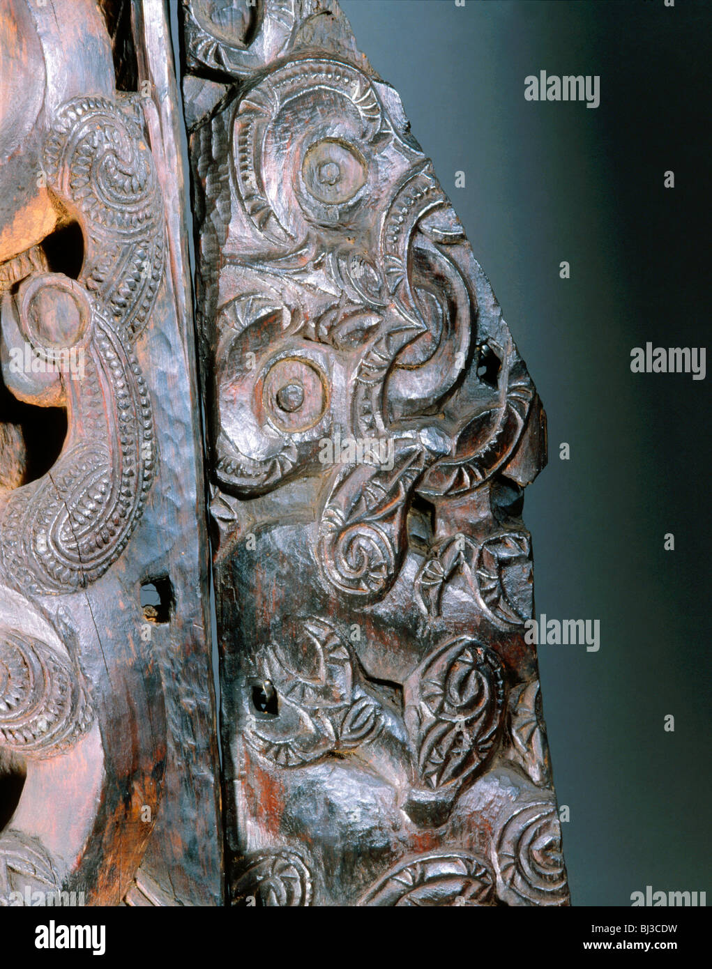 Carved wooden end panels from a Maori storehouse, Taranaki, New Zealand