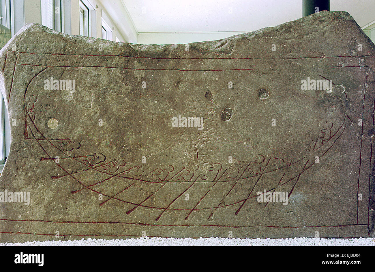 Limestone stele incised with design of a boat, pre-Viking, Uppland, Sweden, 500 AD. Artist: Werner Forman Stock Photo
