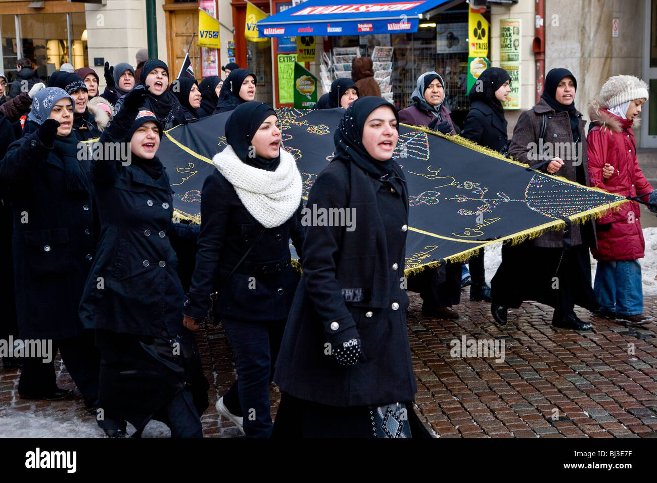 Women walking the Imam Hussein Memorial March in Malmo, Sweden, Europe Stock Photo