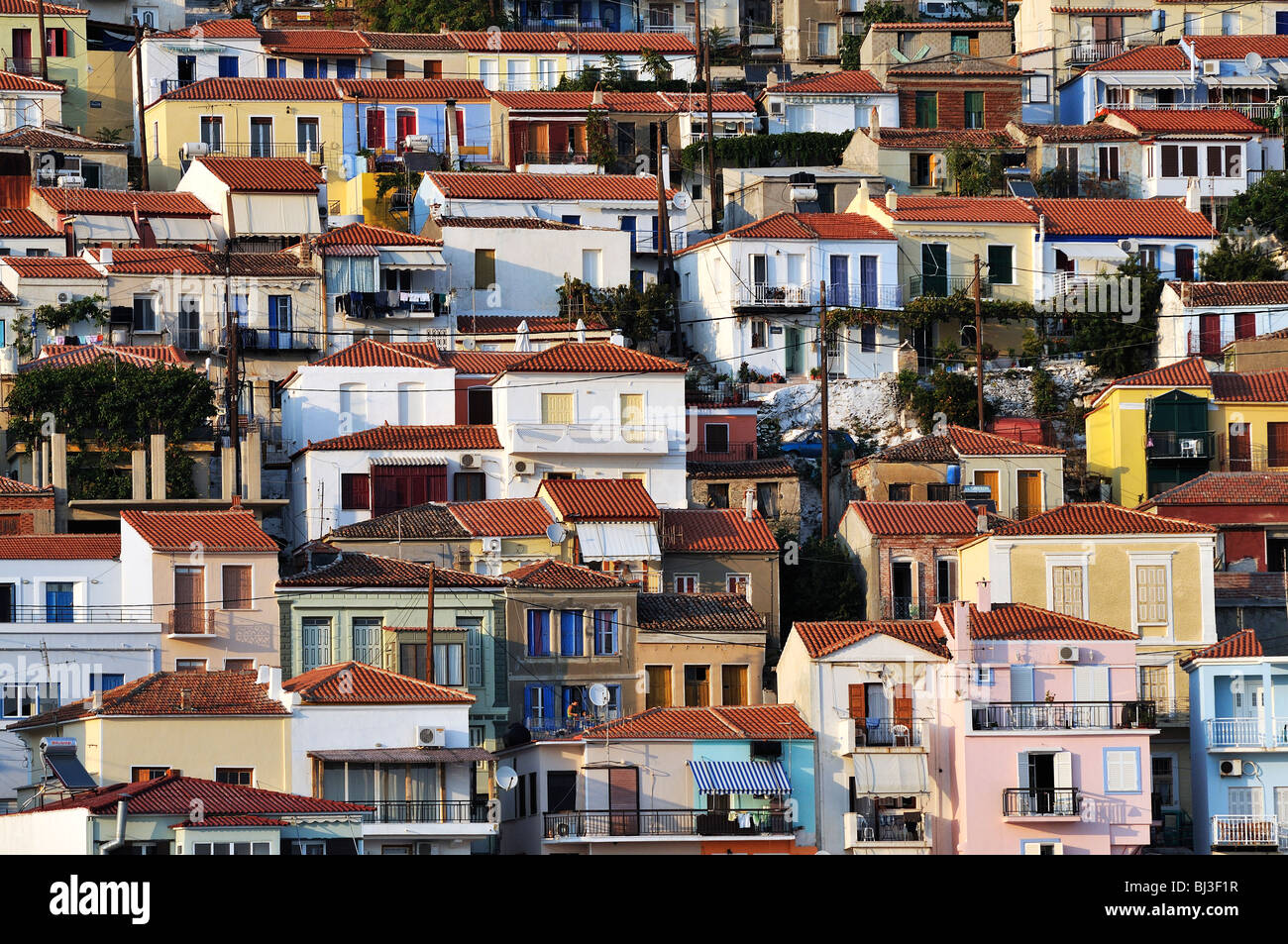 Plomari town under late afternoon light, Lesvos island, Greece Stock Photo