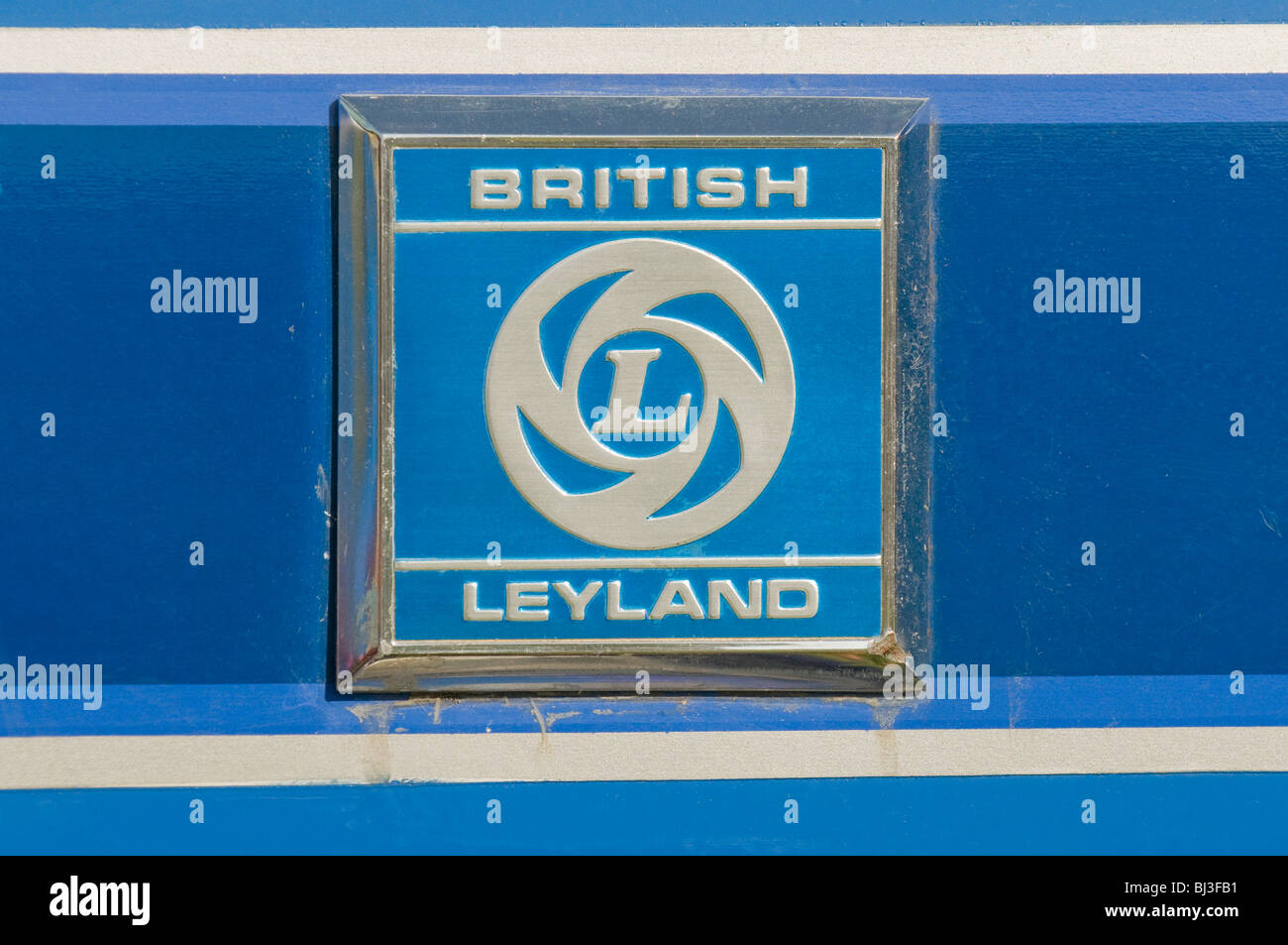 A blue British Leyland badge. Stock Photo