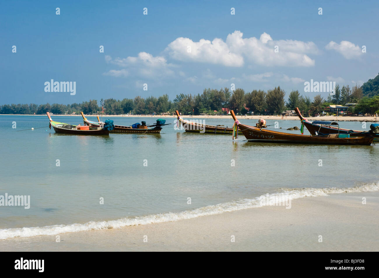 Long tail boats, fishing boats on the beach, Klong Dao Beach, island of Ko Lanta, Koh Lanta, Krabi, Thailand, Asia Stock Photo