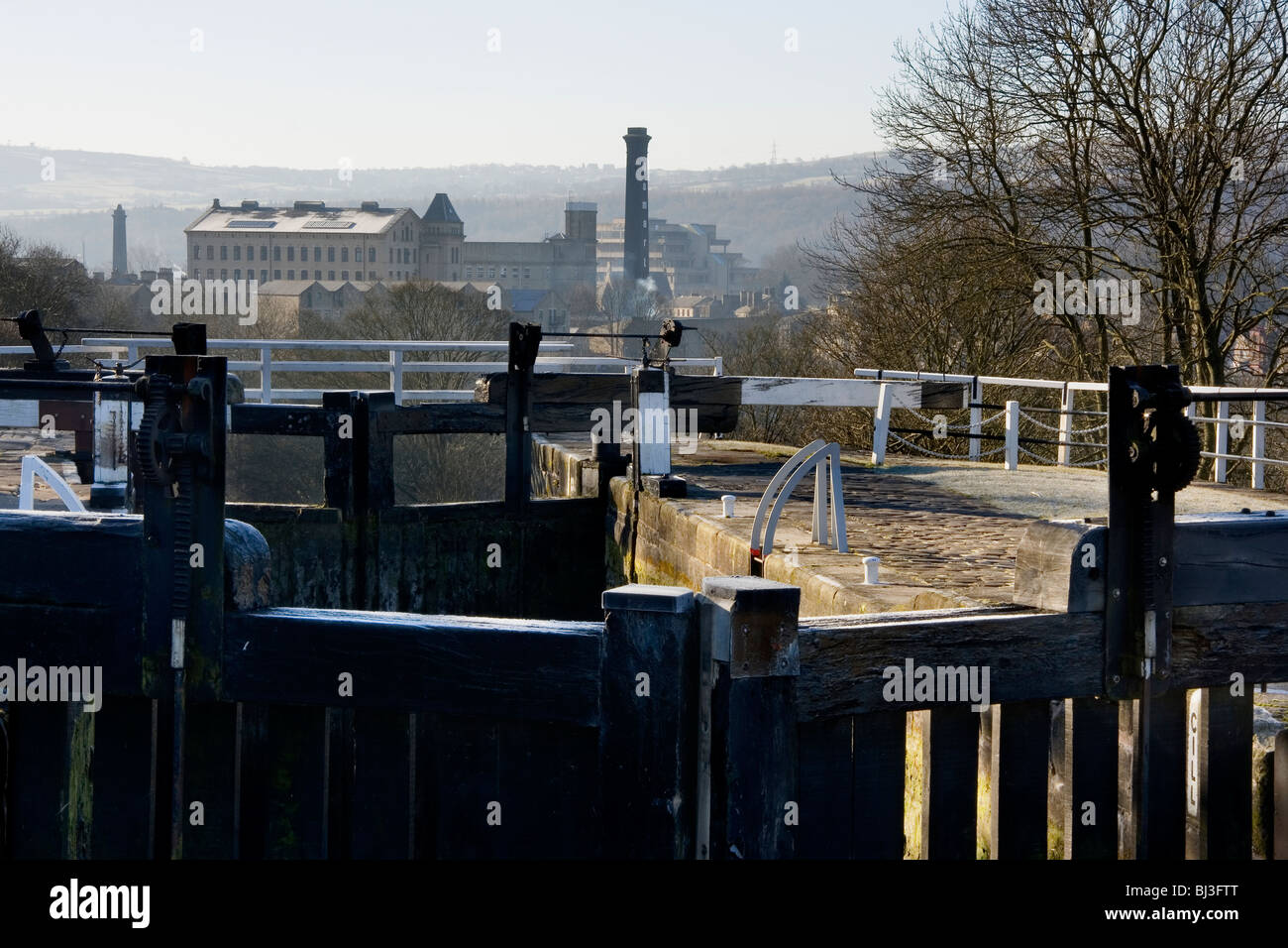 The view from Bingley Five-Rise Locks, a famous feature on the Leeds-Liverpool canal, looking towards Bingley in West Yorkshire Stock Photo